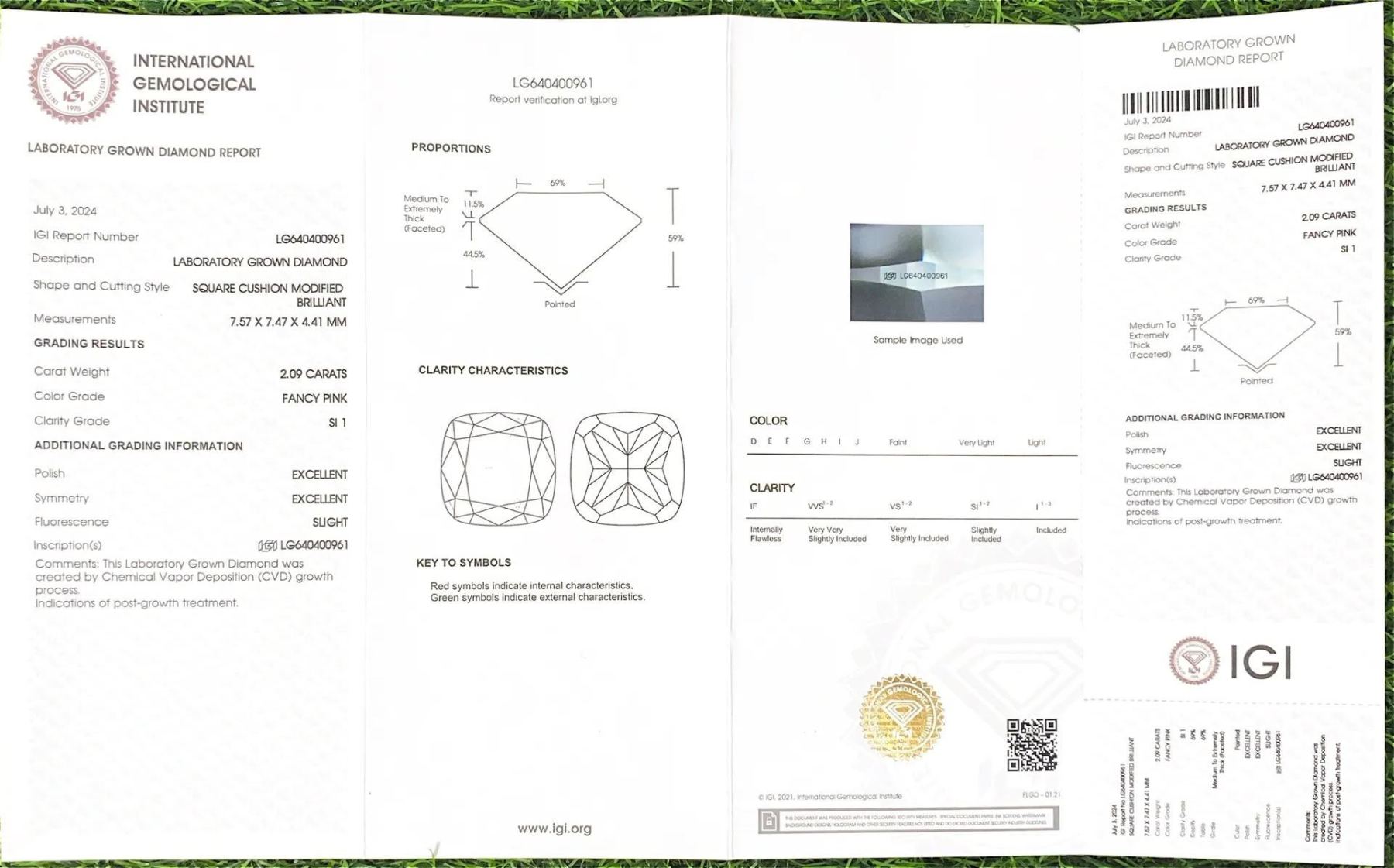 MissDiamond CVD LG640400961 Cushion Shape 2.09CT Fancy Pink SI1 EX EX Lab Grown Diamond