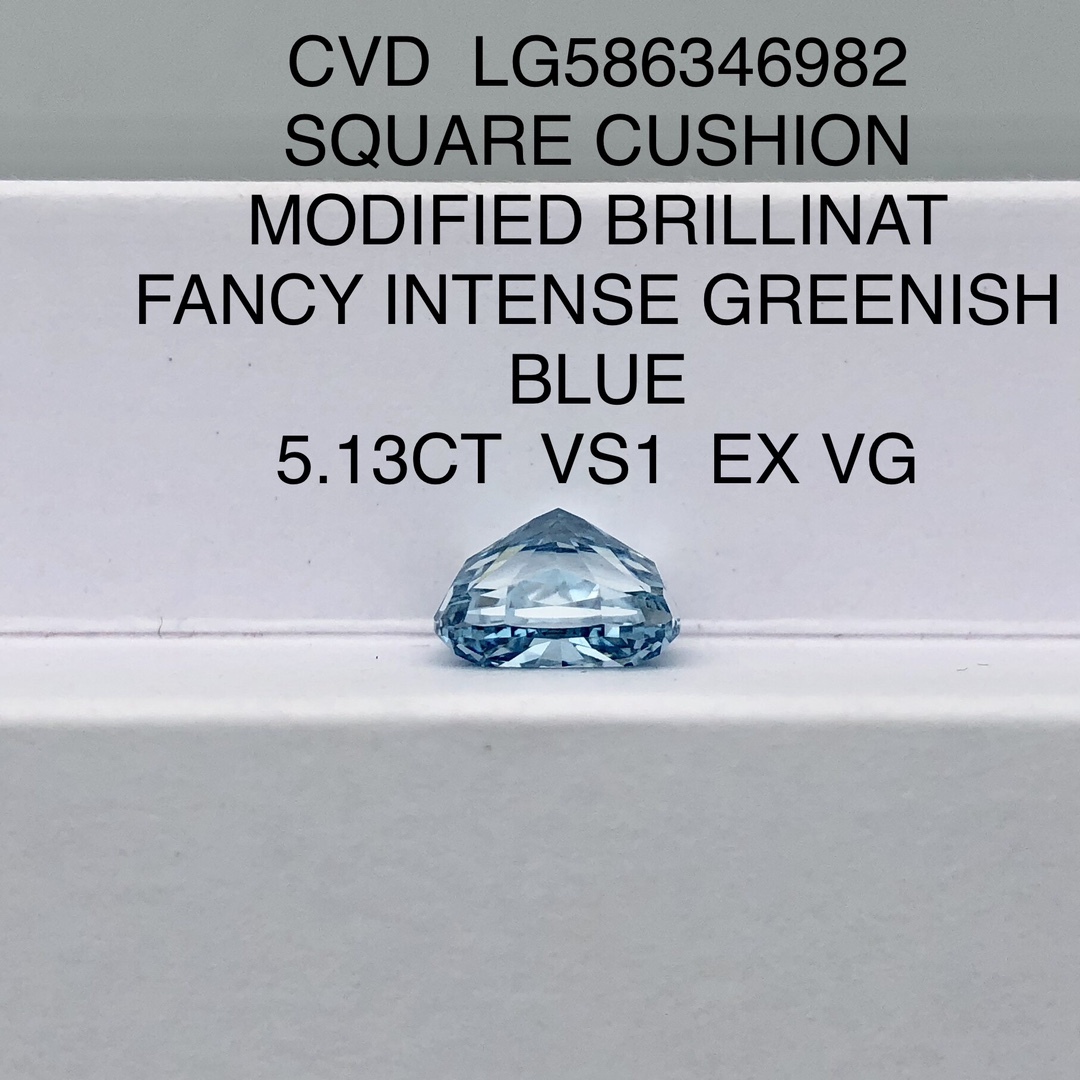 MissDiamond CVD LG586346982 Square Cushion Modified Brillinat Fancy Intense Greenish Blue 5.13CT VS1 EX VG Lab Grown Diamond
