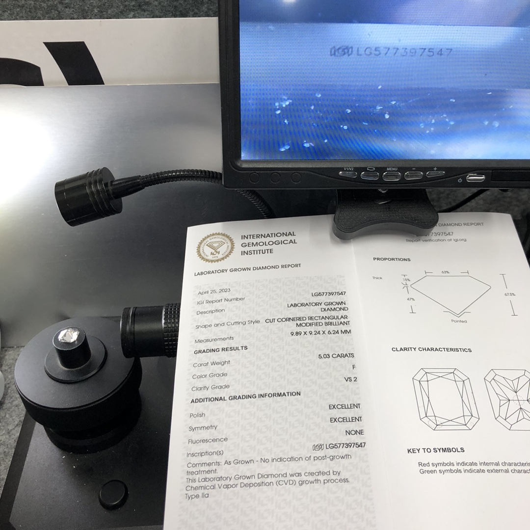MissDiamond CVD LG577397547 Radiant Cut 5.03CT F VS2 EX EX Lab Grown Diamond