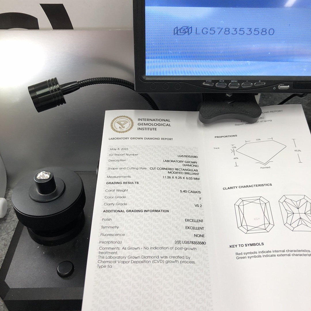 MissDiamond CVD LG578353580 Radiant Cut 5.40CT F VS2 EX EX Lab Grown Diamond