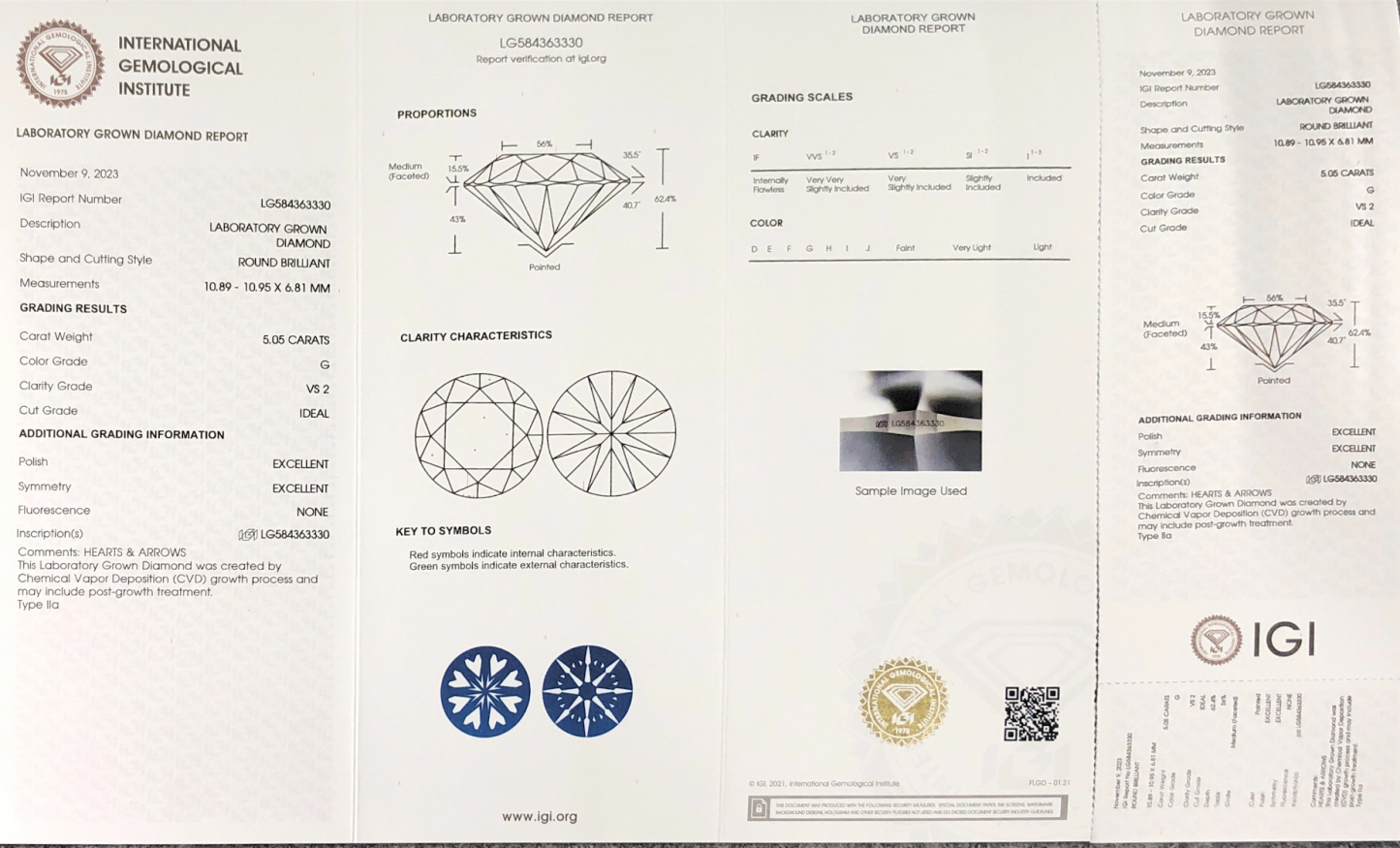 MissDiamond CVD LG584363330 Round Cut 5.05CT G VS2 ID EX EX Lab Grown Diamond