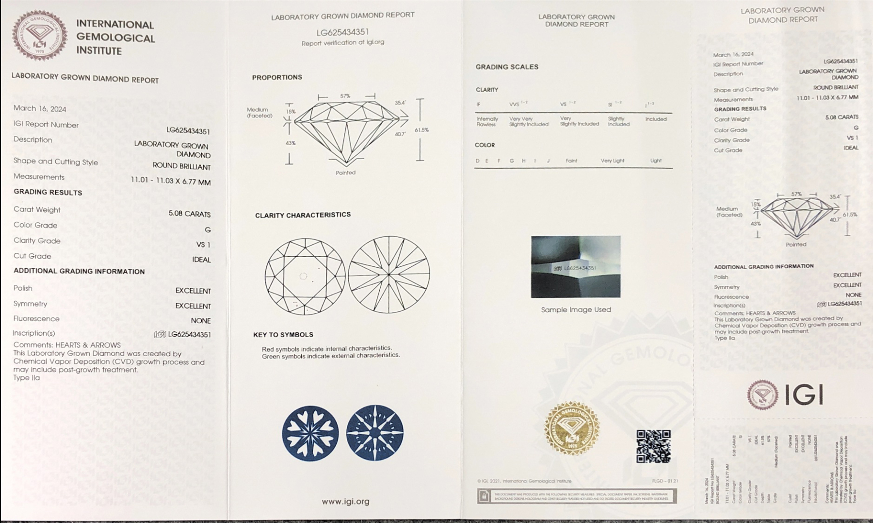 MissDiamond CVD LG625434351 Round Cut 5.08CT G VS1 ID EX EX Lab Grown Diamond