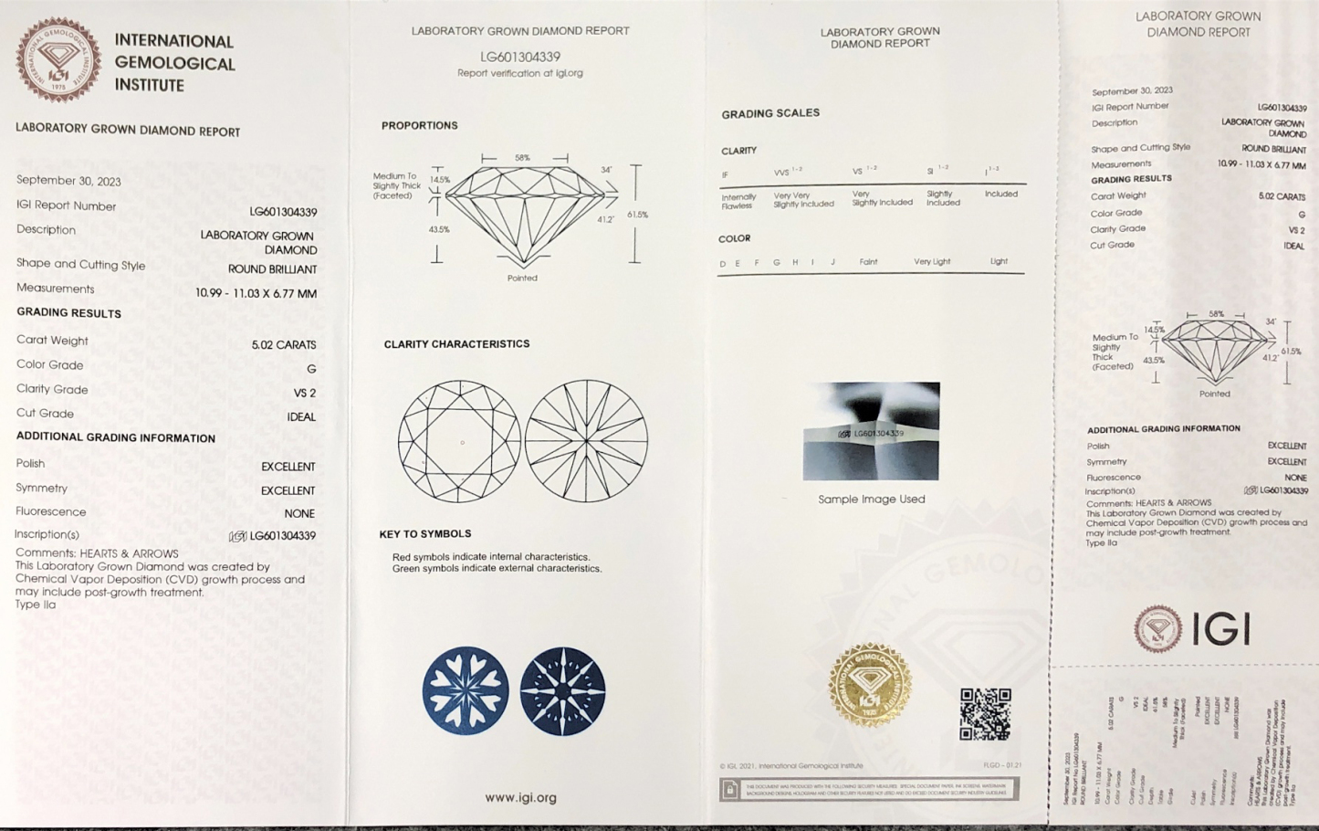 MissDiamond CVD LG601304339 Round Cut 5.02CT G VS2 ID EX EX Lab Grown Diamond