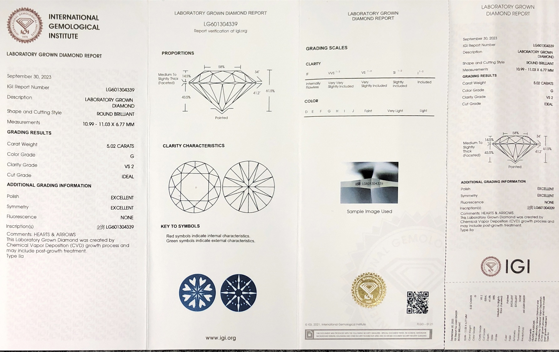 MissDiamond CVD LG601304339 Round Cut 5.02CT G VS2 ID EX EX Lab Grown Diamond