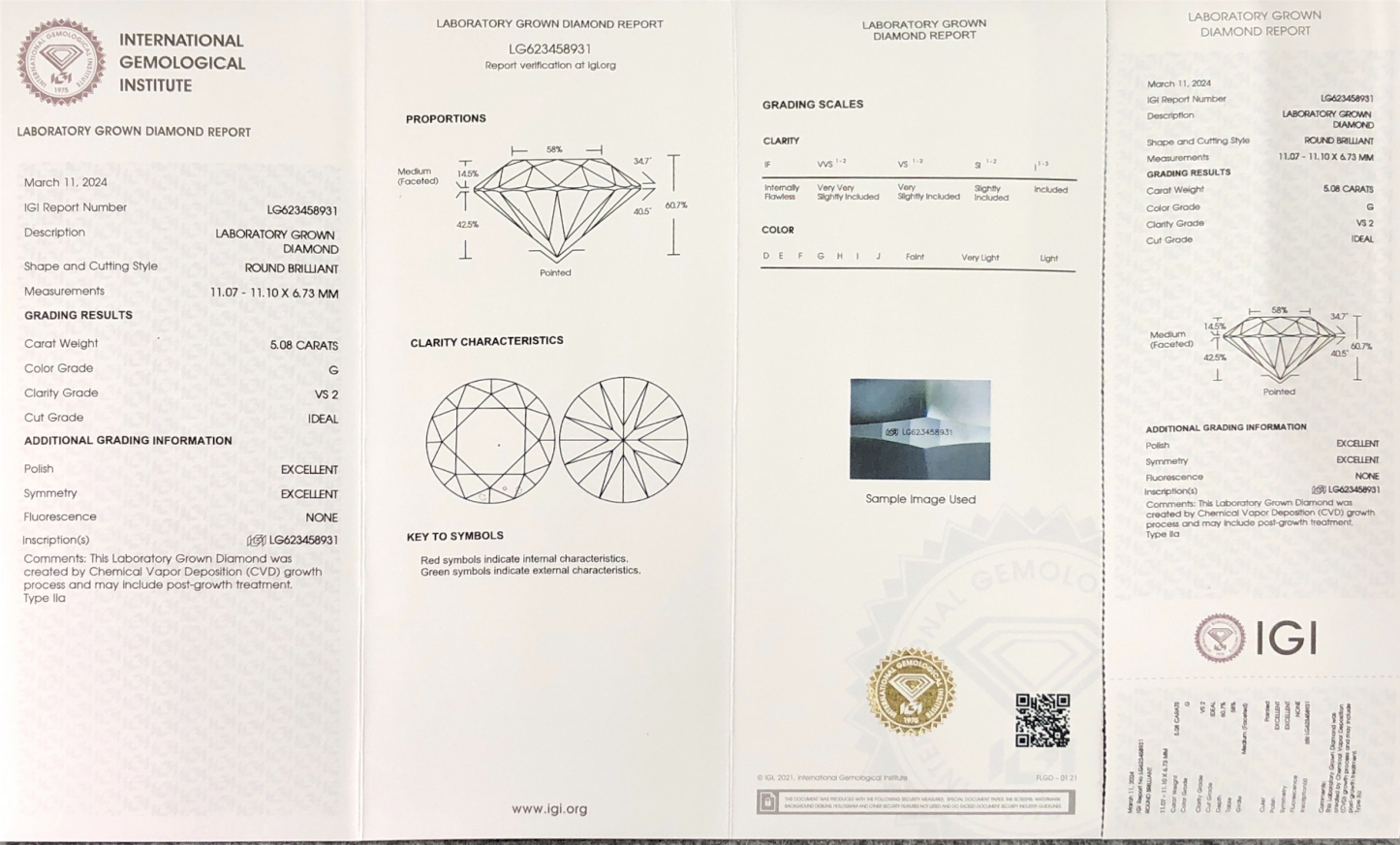 MissDiamond CVD LG623458931 Round Cut 5.08CT G VS2 ID EX EX Lab Grown Diamond