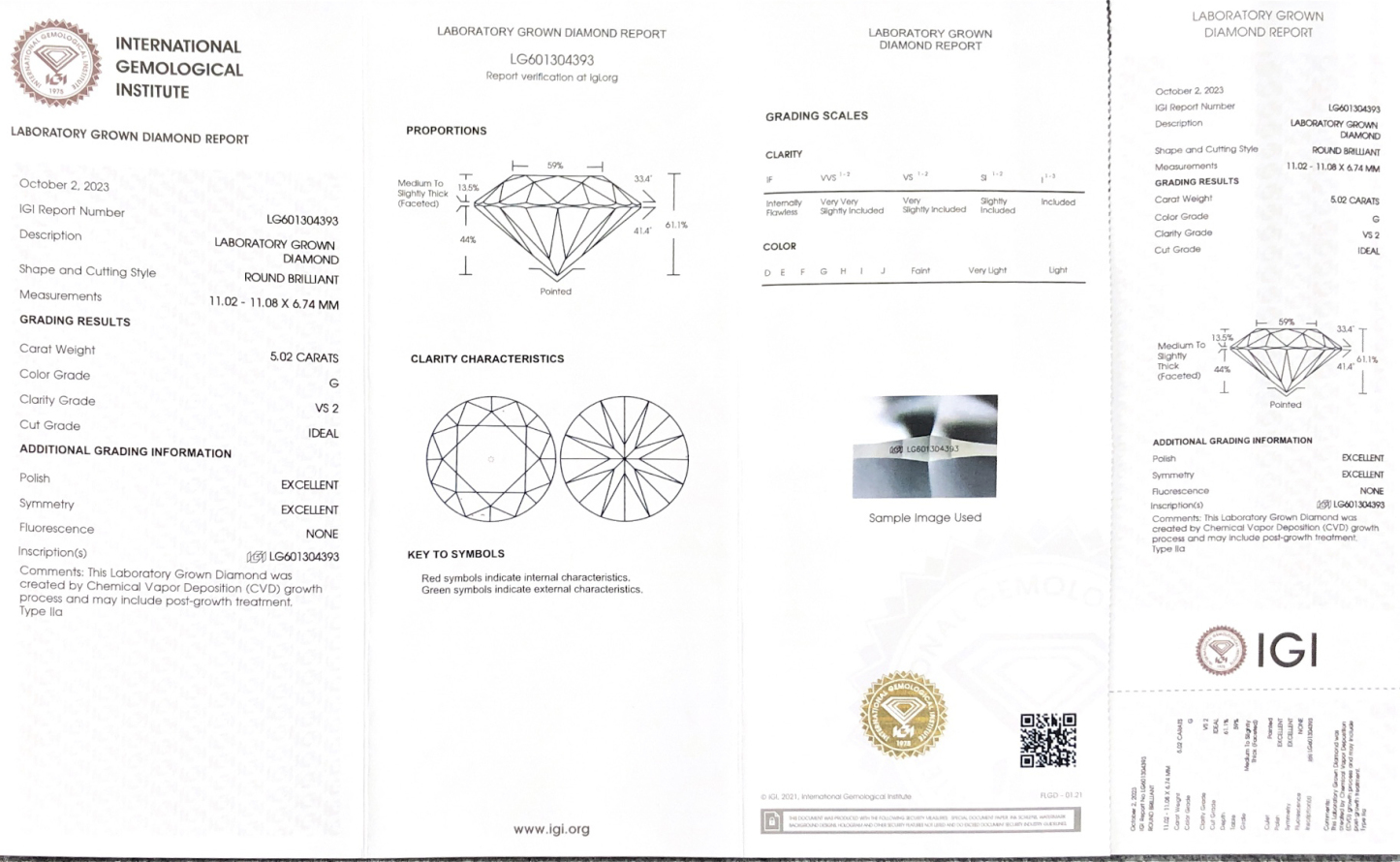 MissDiamond CVD LG601304393 Round Cut 5.02CT G VS2 ID EX EX Lab Grown Diamond