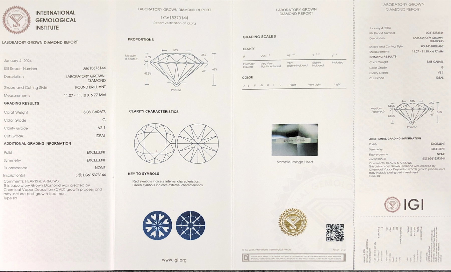 MissDiamond CVD LG615373144 Round Cut 5.08CT G VS1 ID EX EX Lab Grown Diamond