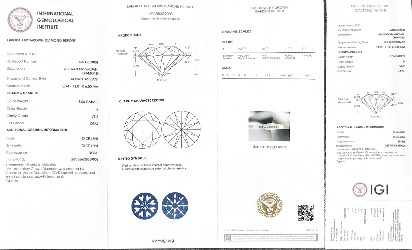 MissDiamond CVDLG608359008 Round Cut 5.06CT G VS2 ID EX EX Lab Grown Diamond