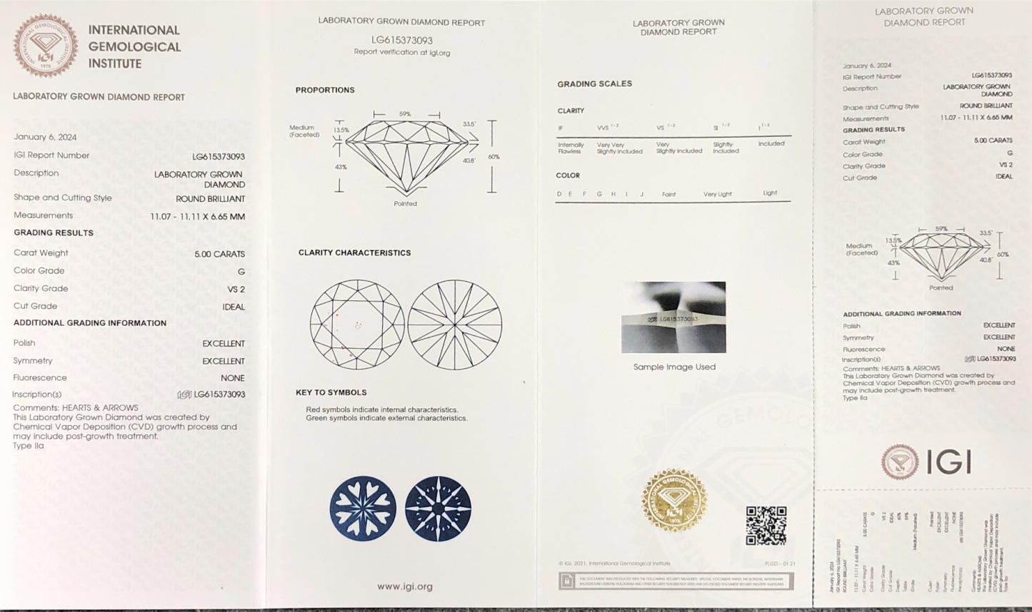 MissDiamond CVD LG615373093 Round Cut 5CT G VS2 ID EX EX Lab Grown Diamond