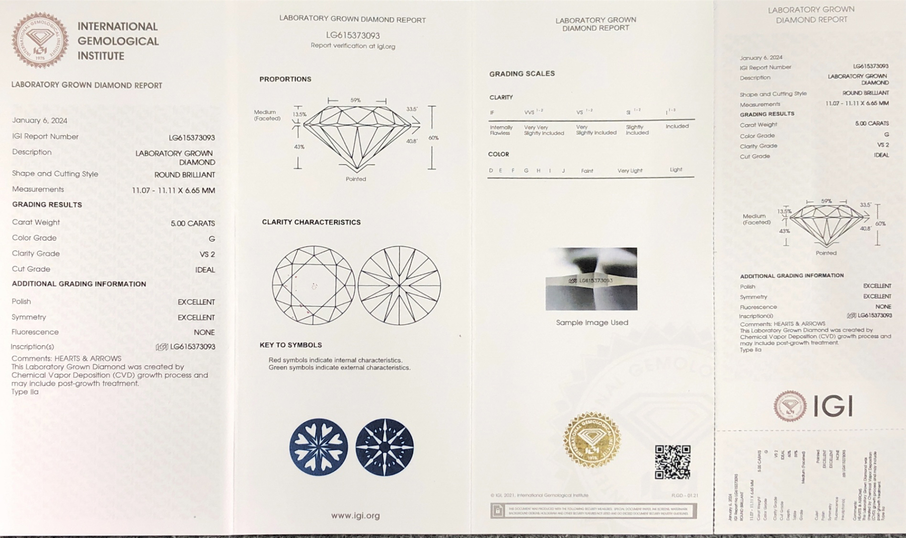 MissDiamond CVD LG615373093 Round Cut 5CT G VS2 ID EX EX Lab Grown Diamond