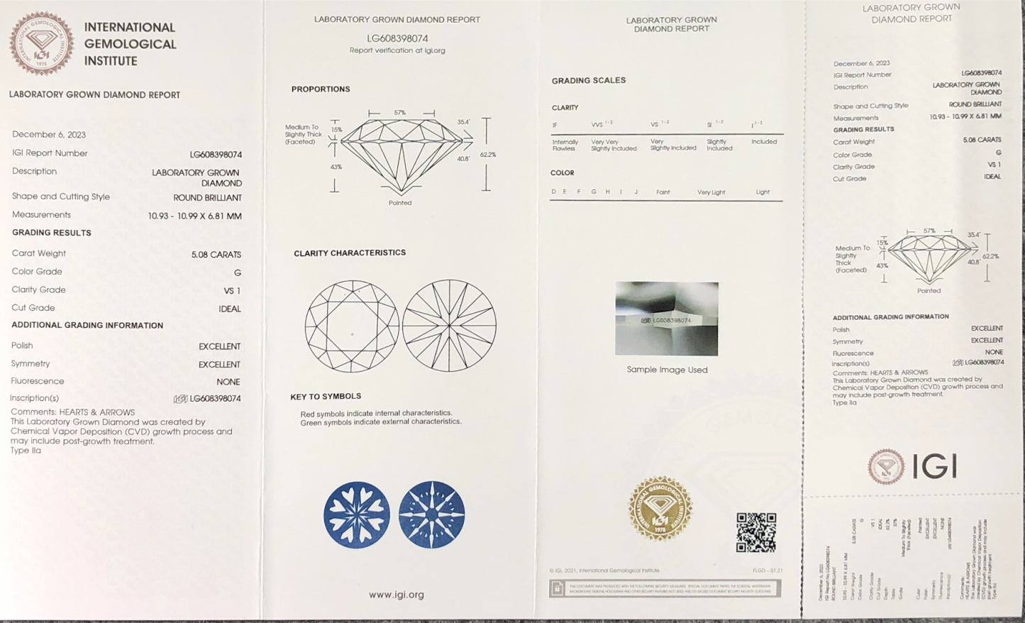 MissDiamond CVD LG608398074 Round Cut 5.08CT G VS1 ID EX EX Lab Grown Diamond