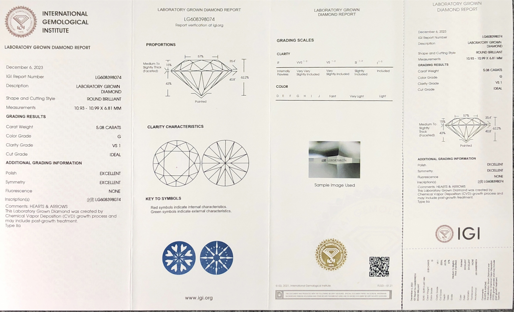 MissDiamond CVD LG608398074 Round Cut 5.08CT G VS1 ID EX EX Lab Grown Diamond
