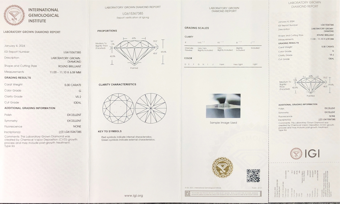 MissDiamond CVD LG615367385 Round Cut 5CT G VS2 ID EX EX Lab Grown Diamond