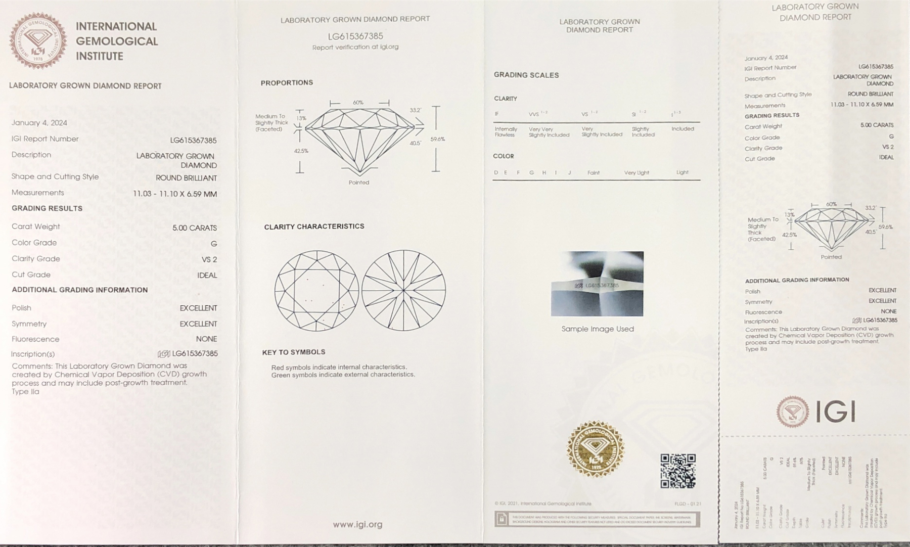 MissDiamond CVD LG615367385 Round Cut 5CT G VS2 ID EX EX Lab Grown Diamond