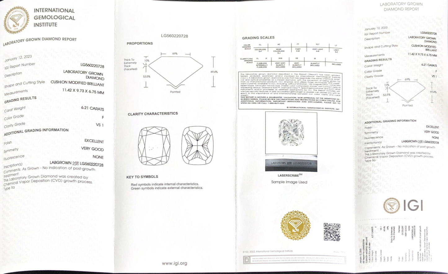 CVD LG560220728 Cushion Modified Brilliant 6.21CT F VS1 EX VG Lab Grown Diamond