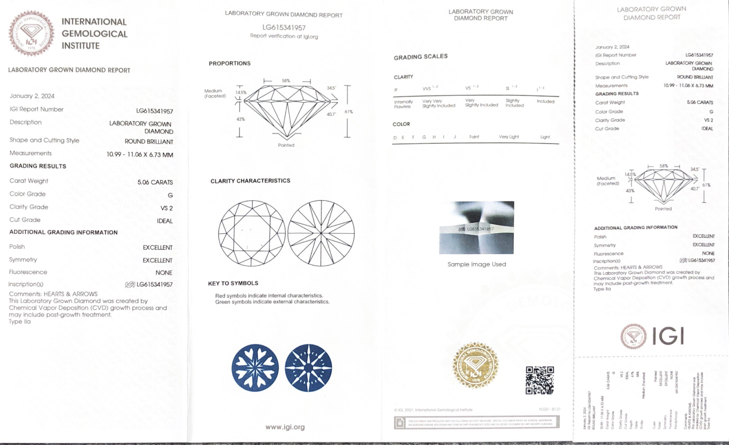 MissDiamond CVD LG615341957 Round Cut 5.06CT G VS2 ID EX EX Lab Grown Diamond