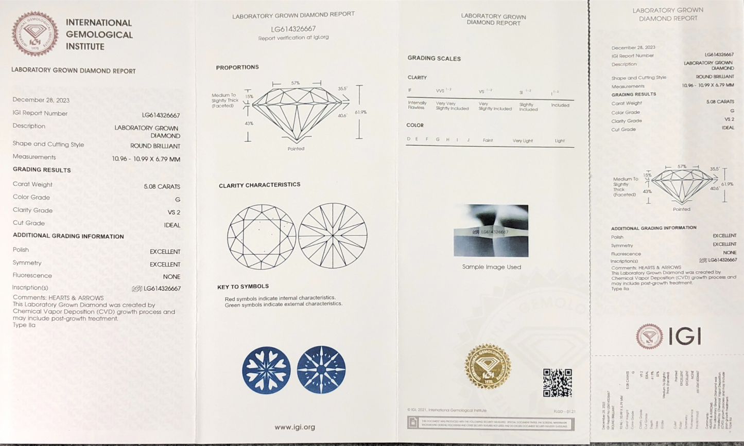 MissDiamond CVD LG614326667 Round Cut 5.08CT G VS2 ID EX EX Lab Grown Diamond