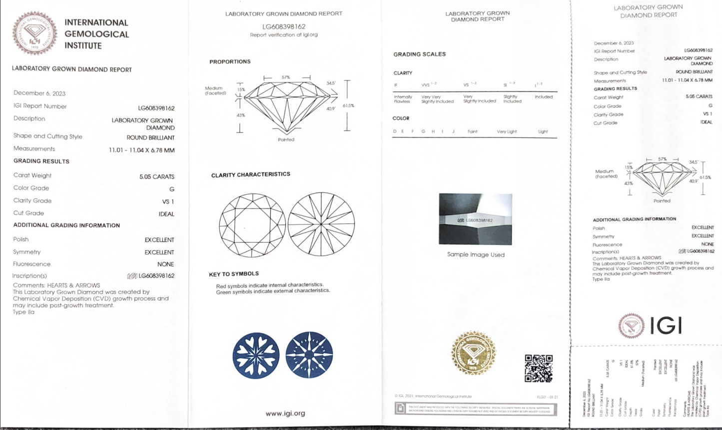 MissDiamond CVD LG608398162 Round Cut 5.05CT G VS1 ID EX EX Lab Grown Diamond