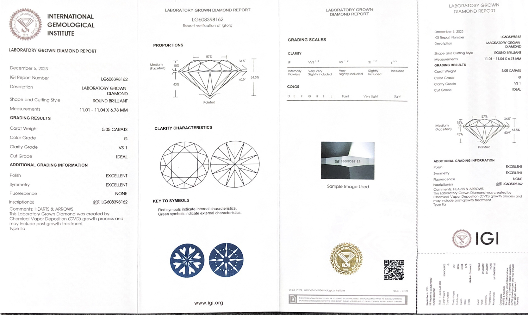 MissDiamond CVD LG608398162 Round Cut 5.05CT G VS1 ID EX EX Lab Grown Diamond