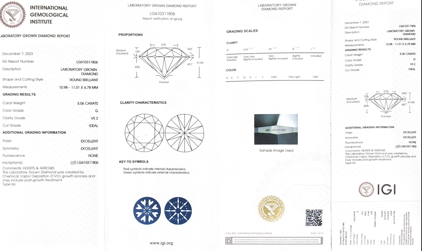 MissDiamond CVD LG610311806 Round Cut 5.06CT G VS2 ID EX EX Lab Grown Diamond