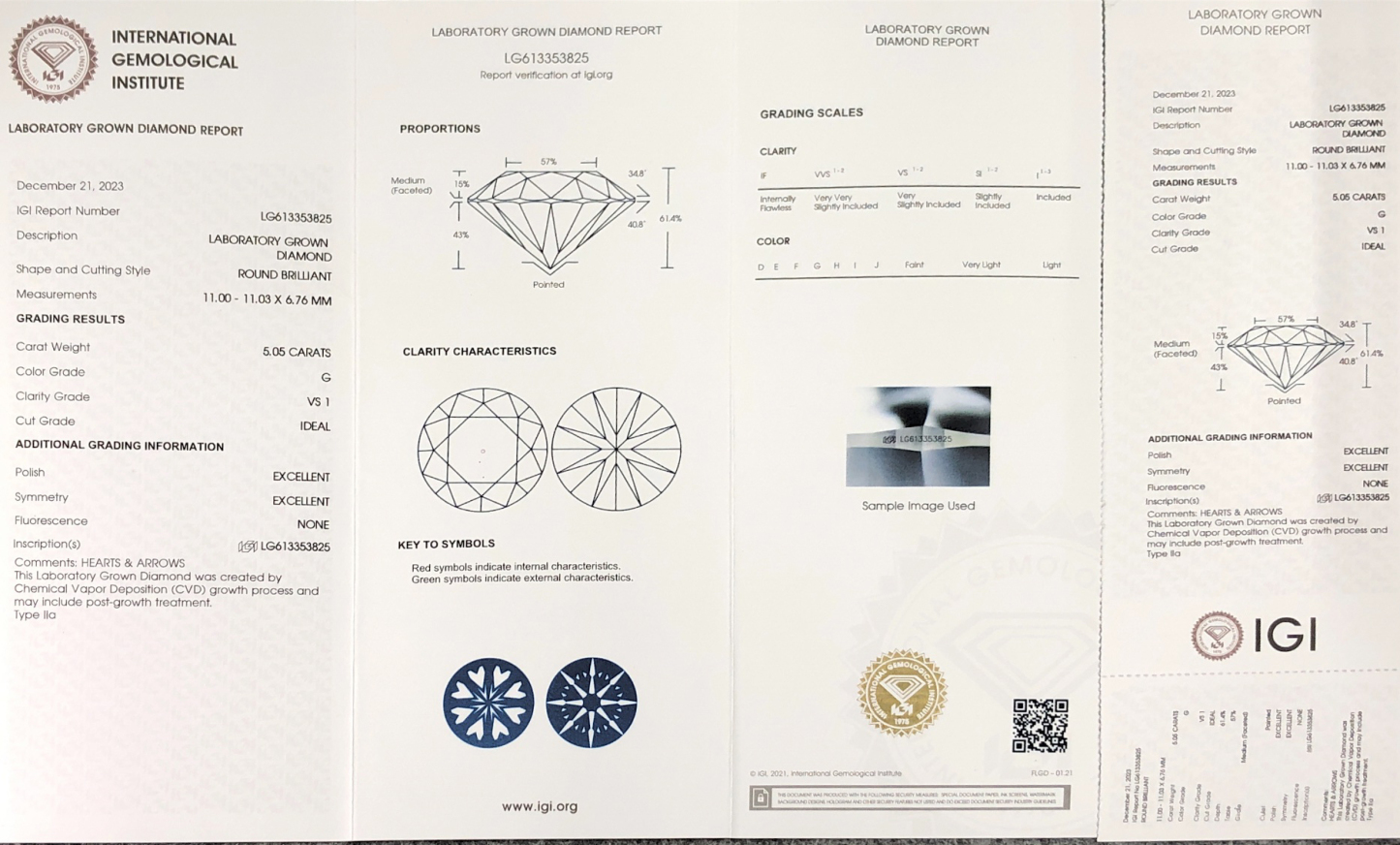 MissDiamond CVD LG613353825 Round Cut 5.05CT G VS1 ID EX EX Lab Grown Diamond
