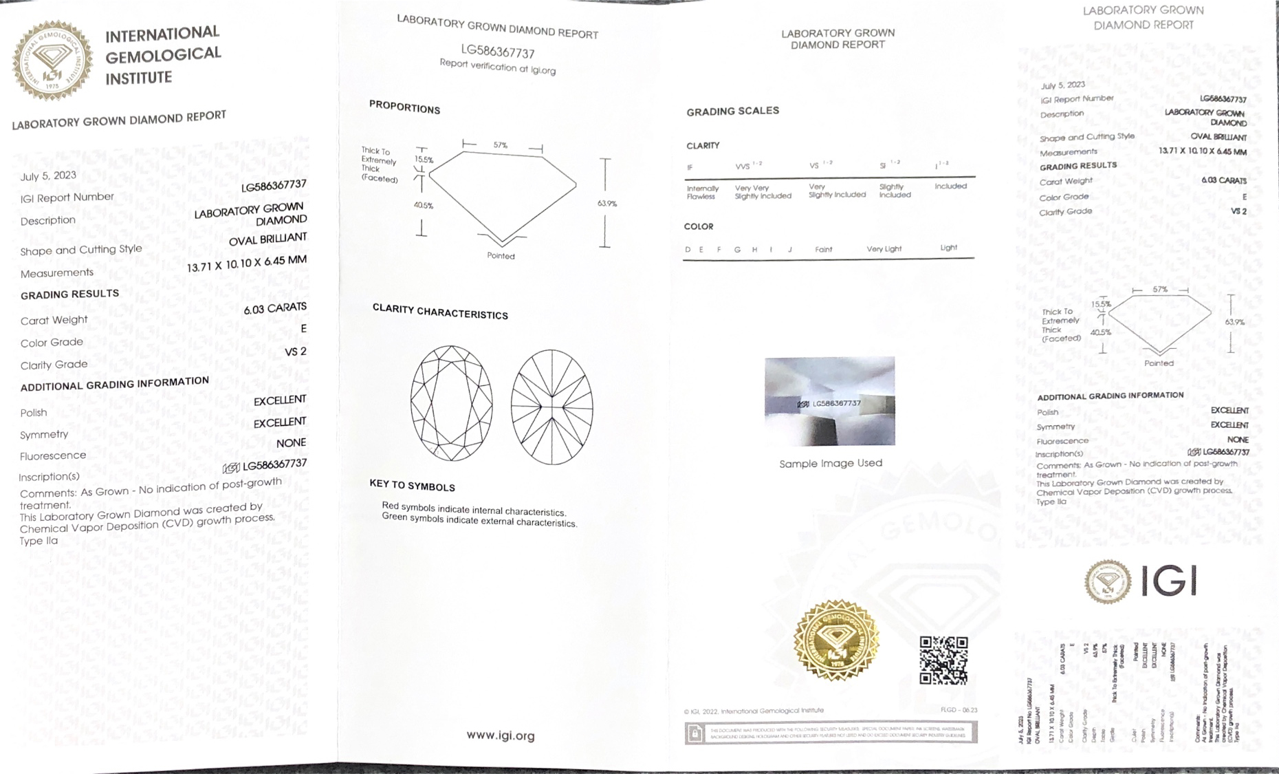 MissDiamond CVD LG586367737 Oval Cut 6.03CT E VS2 EX EX Lab Grown Diamond