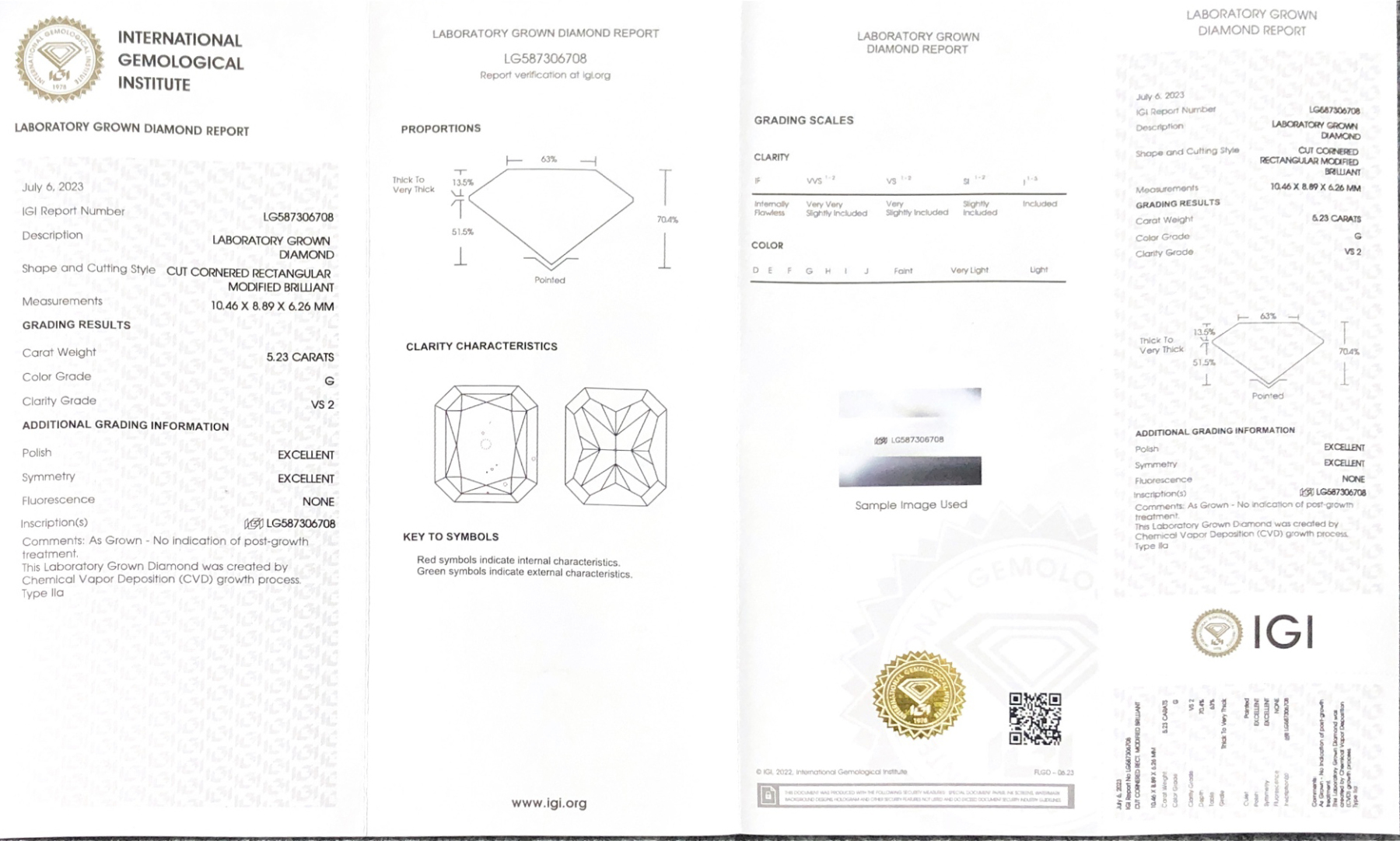 MissDiamond CVD LG587306708 Radiant Cut 5.23CT G VS2 EX EX Lab Grown Diamond