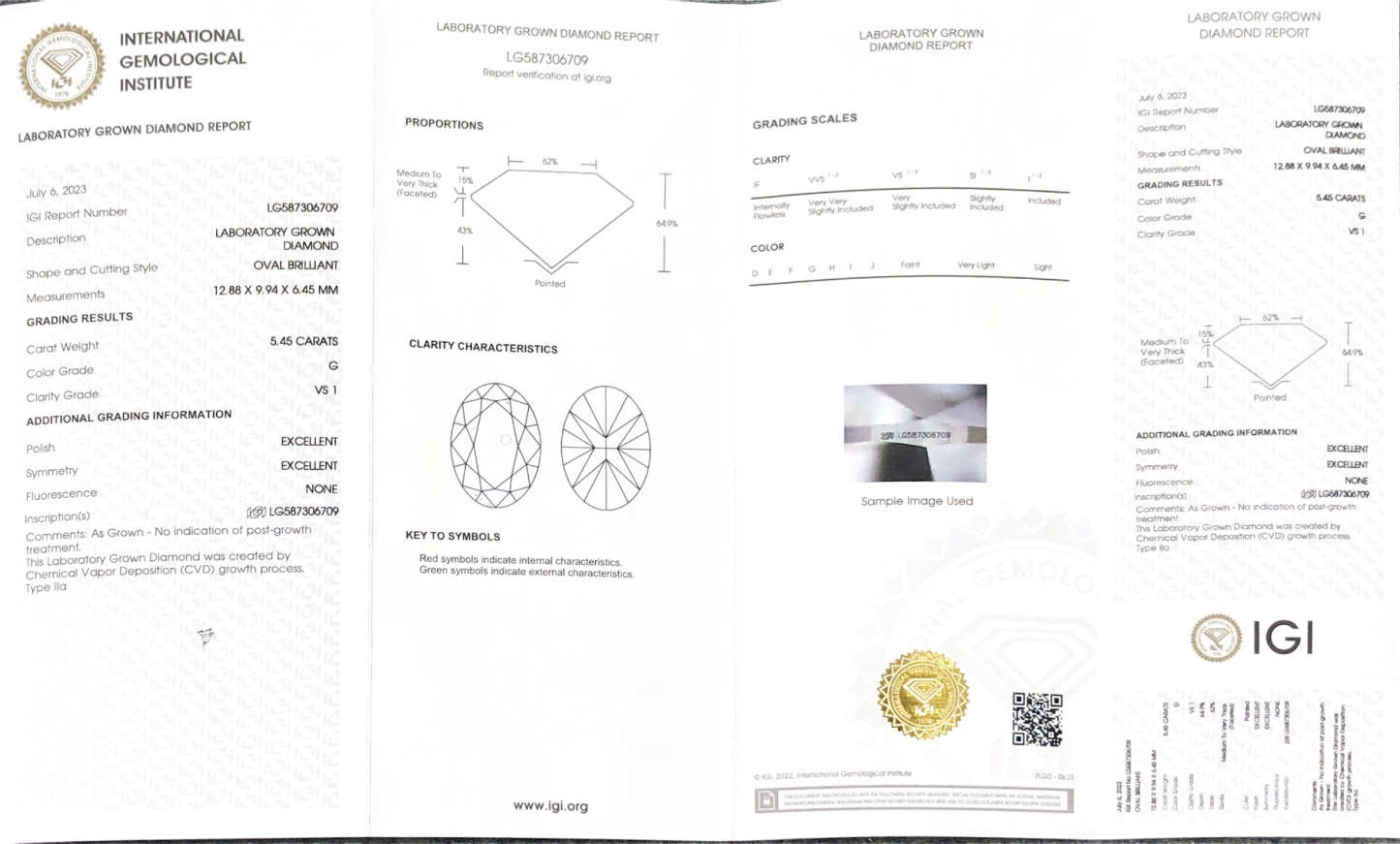 MissDiamond CVD LG587306709 Oval Cut 5.45CT G VS1 EX EX Lab Grown Diamond