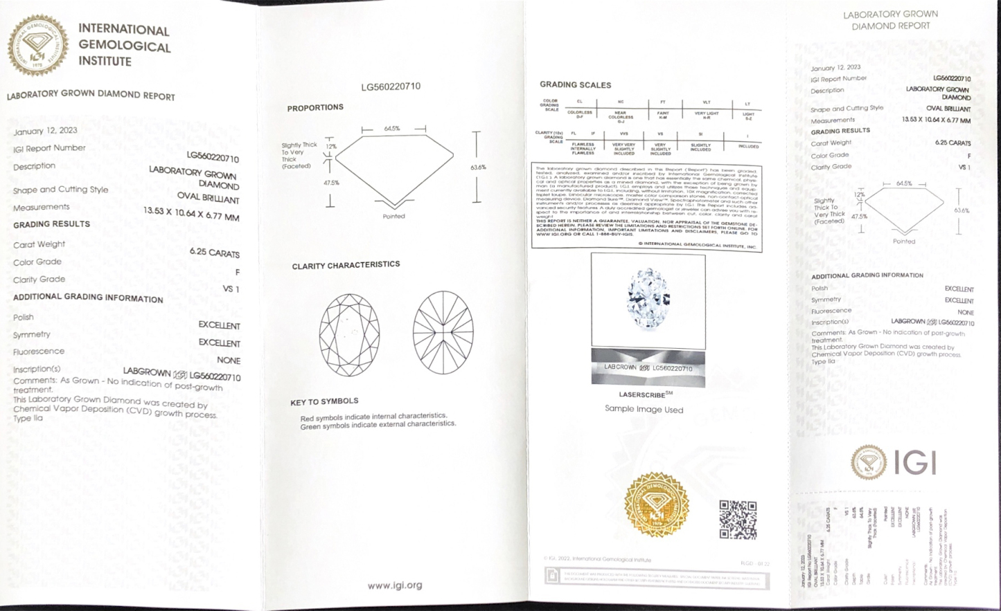 CVD LG560220710 Oval Shape 6.25CT F VS1 EX EX Lab Grown Diamond