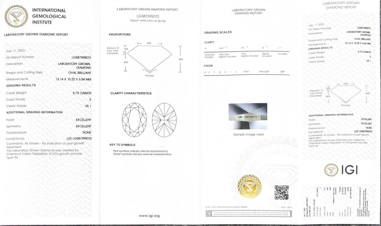 MissDiamond CVD LG587395072 Oval Cut 5.73CT E VS1 EX EX Lab Grown Diamond