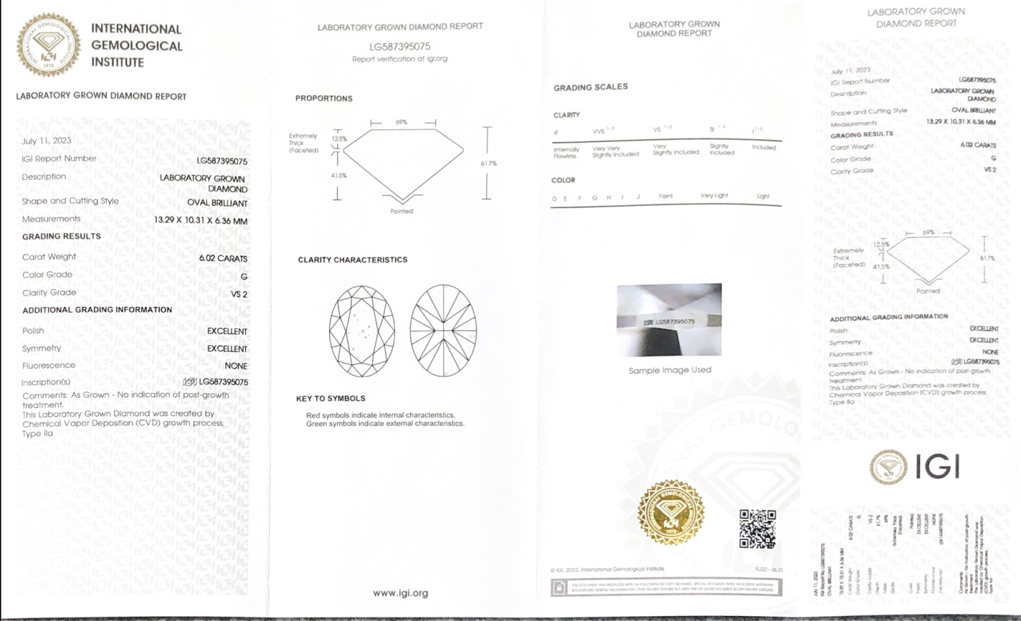 MissDiamond CVD LG587395075 Oval Cut 6.02CT G VS2 EX EX Lab Grown Diamond