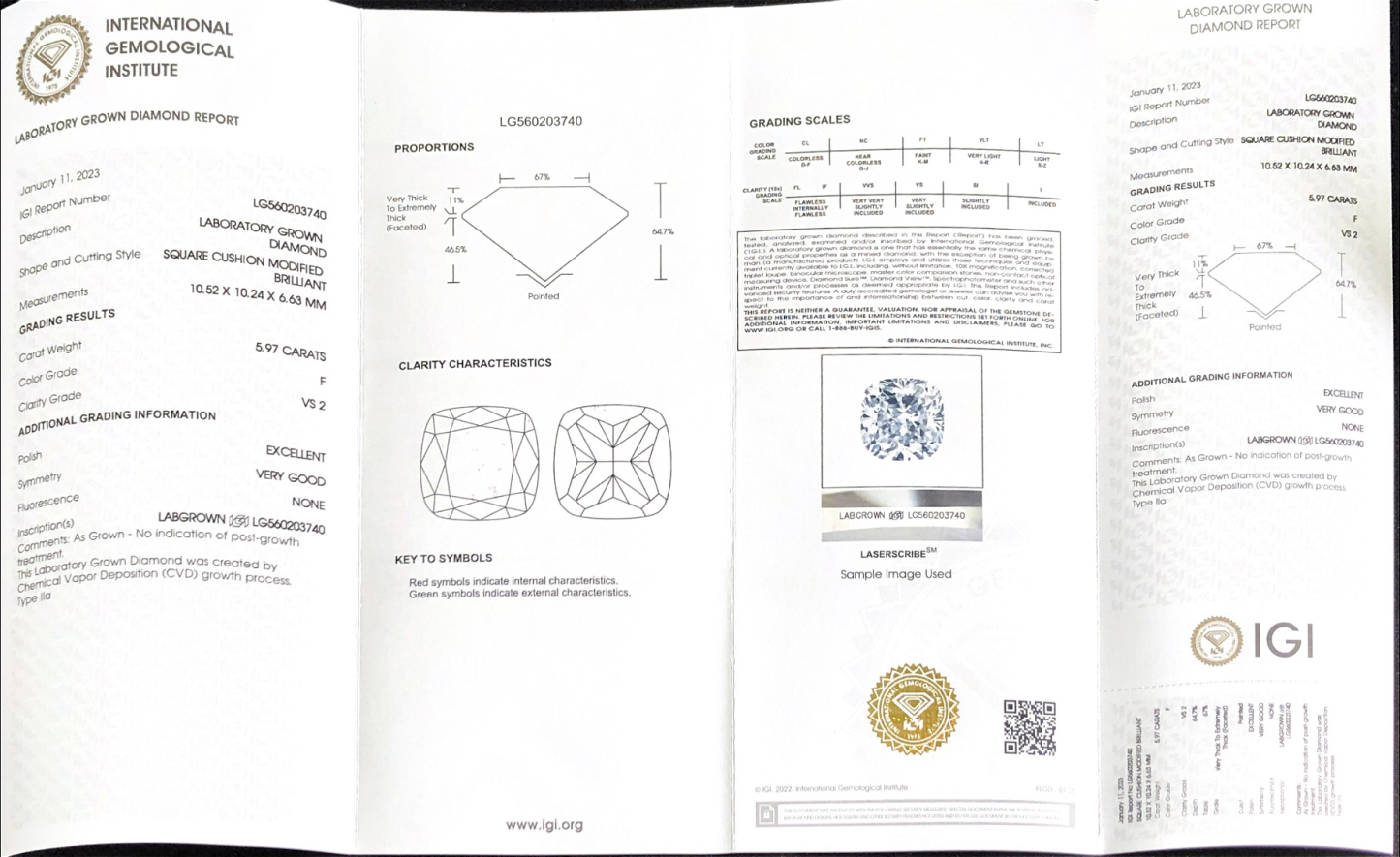 CVD LG560203740 Square Cushion Modified Brilliant 5.97CT F VS2 EX VG Lab Grown Diamond