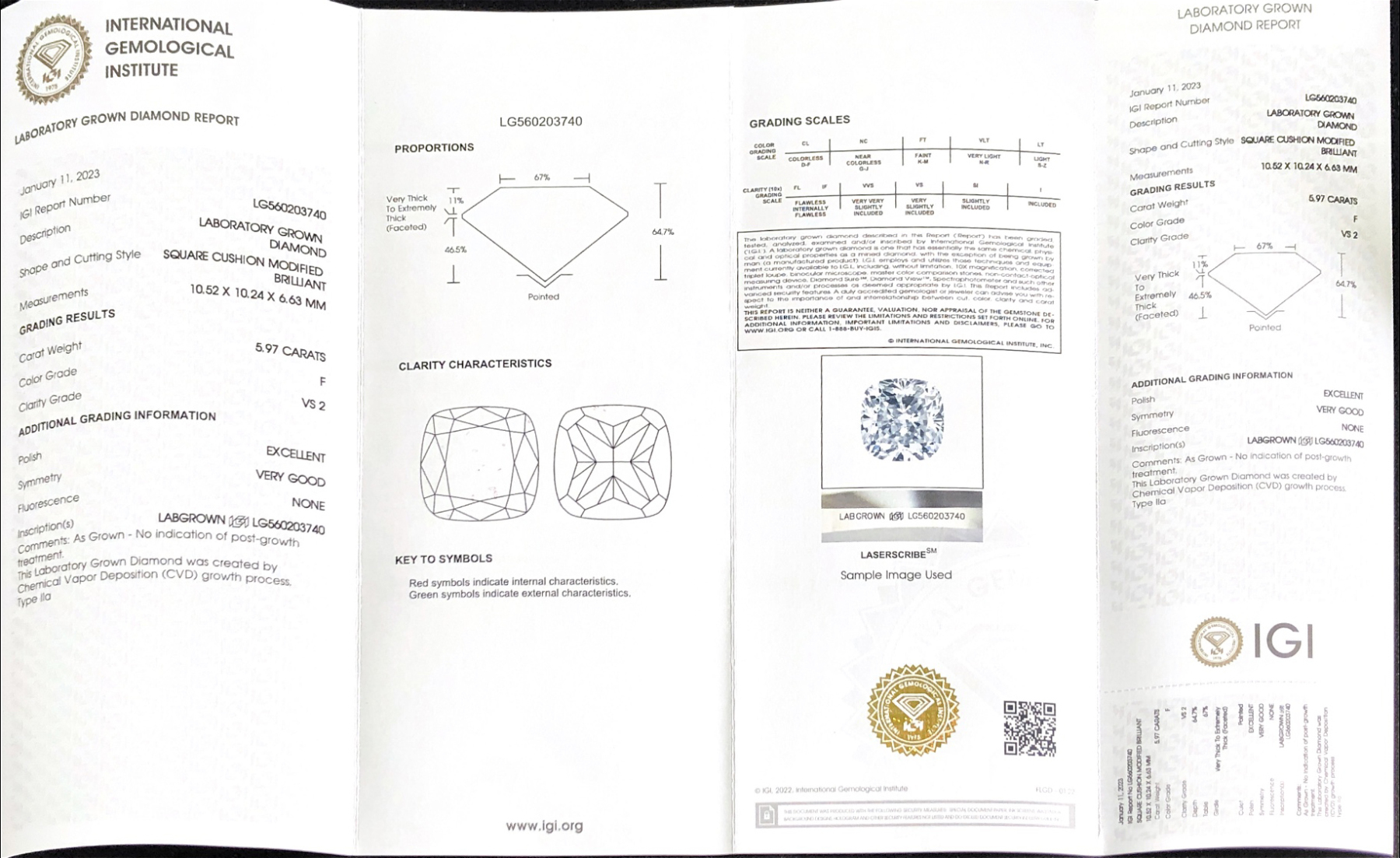 CVD LG560203740 Square Cushion Modified Brilliant 5.97CT F VS2 EX VG Lab Grown Diamond