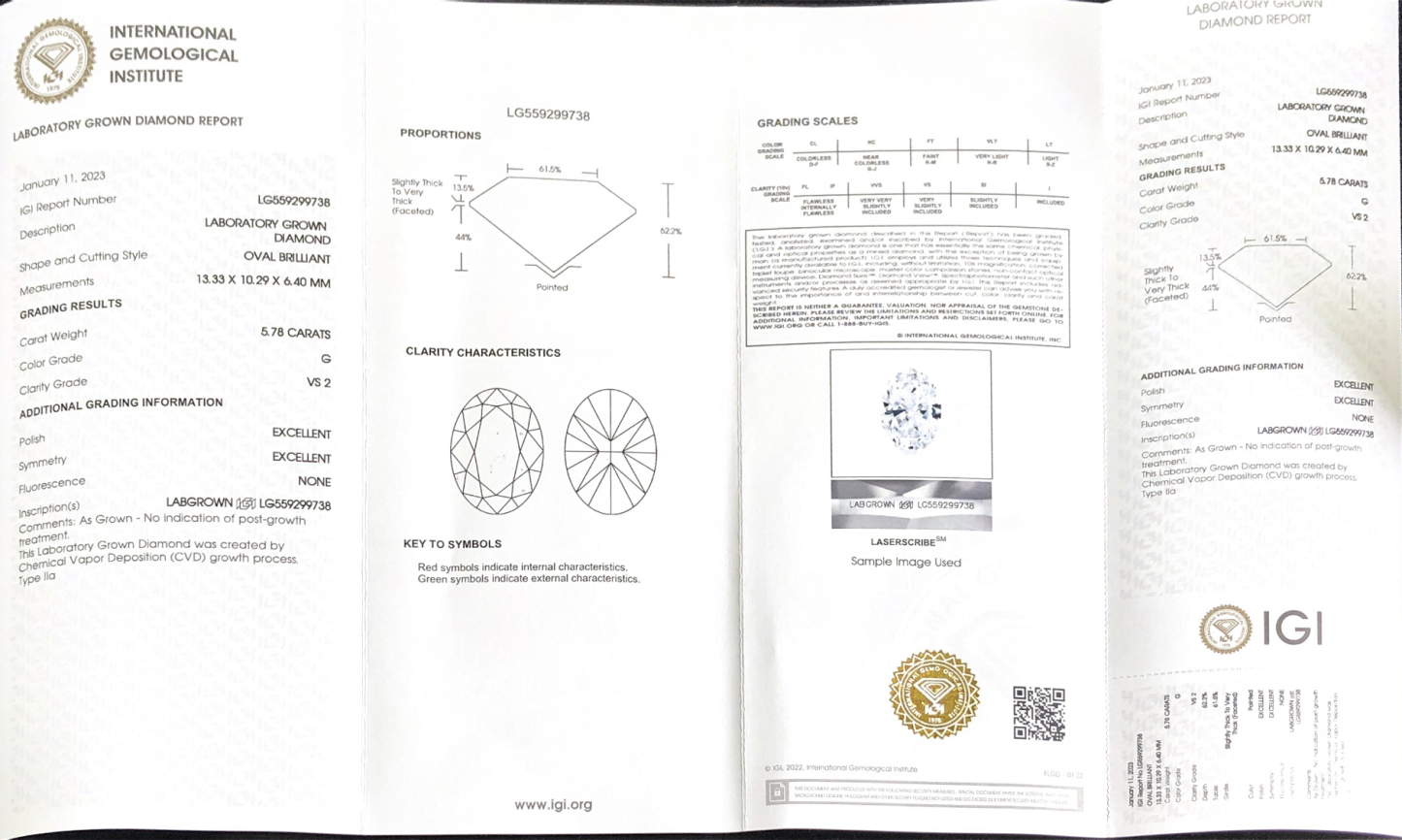 CVD LG559299738 Oval Shape 5.78CT G VS2 EX EX Lab Grown Diamond