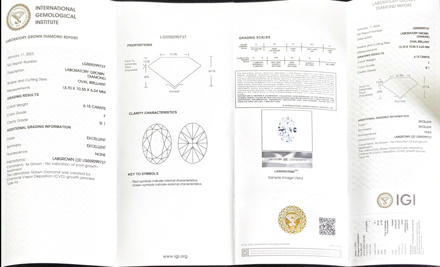 CVD LG559299737 Oval Shape 6.15CT F SI1 EX EX Lab Grown Diamond