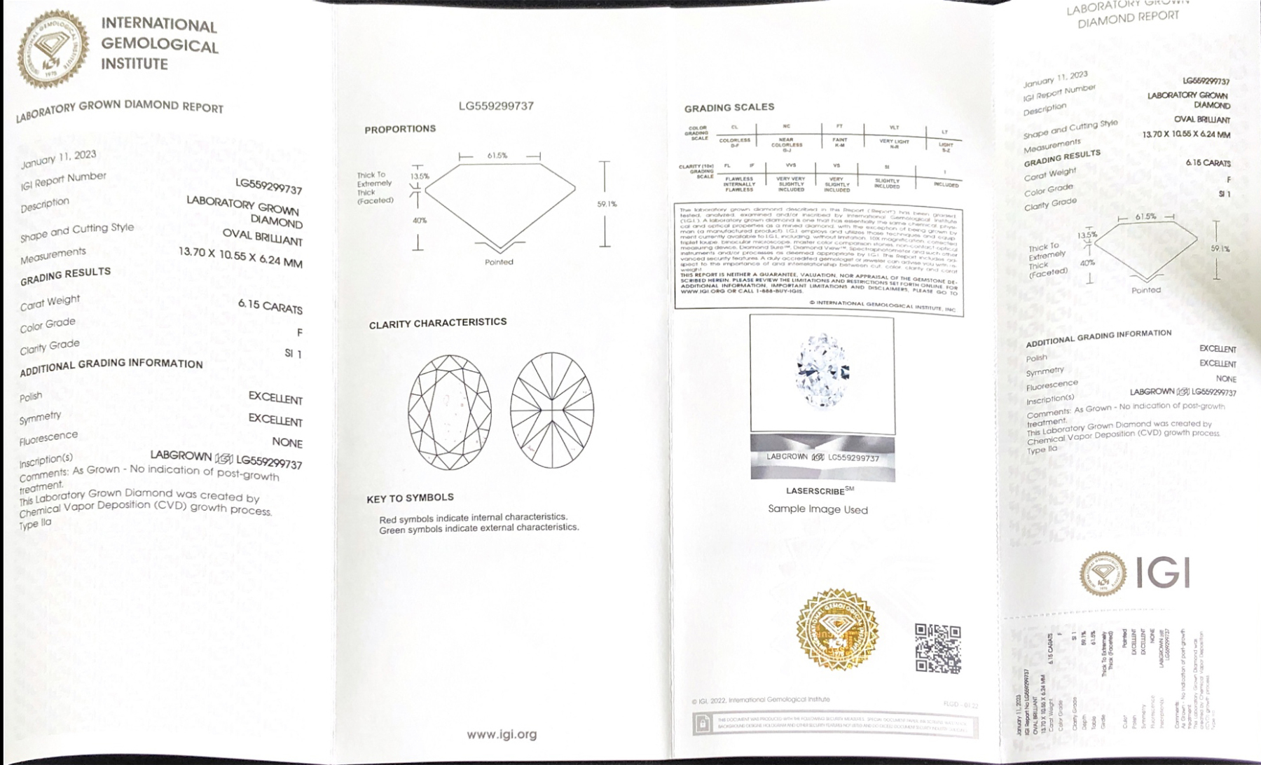 CVD LG559299737 Oval Shape 6.15CT F SI1 EX EX Lab Grown Diamond