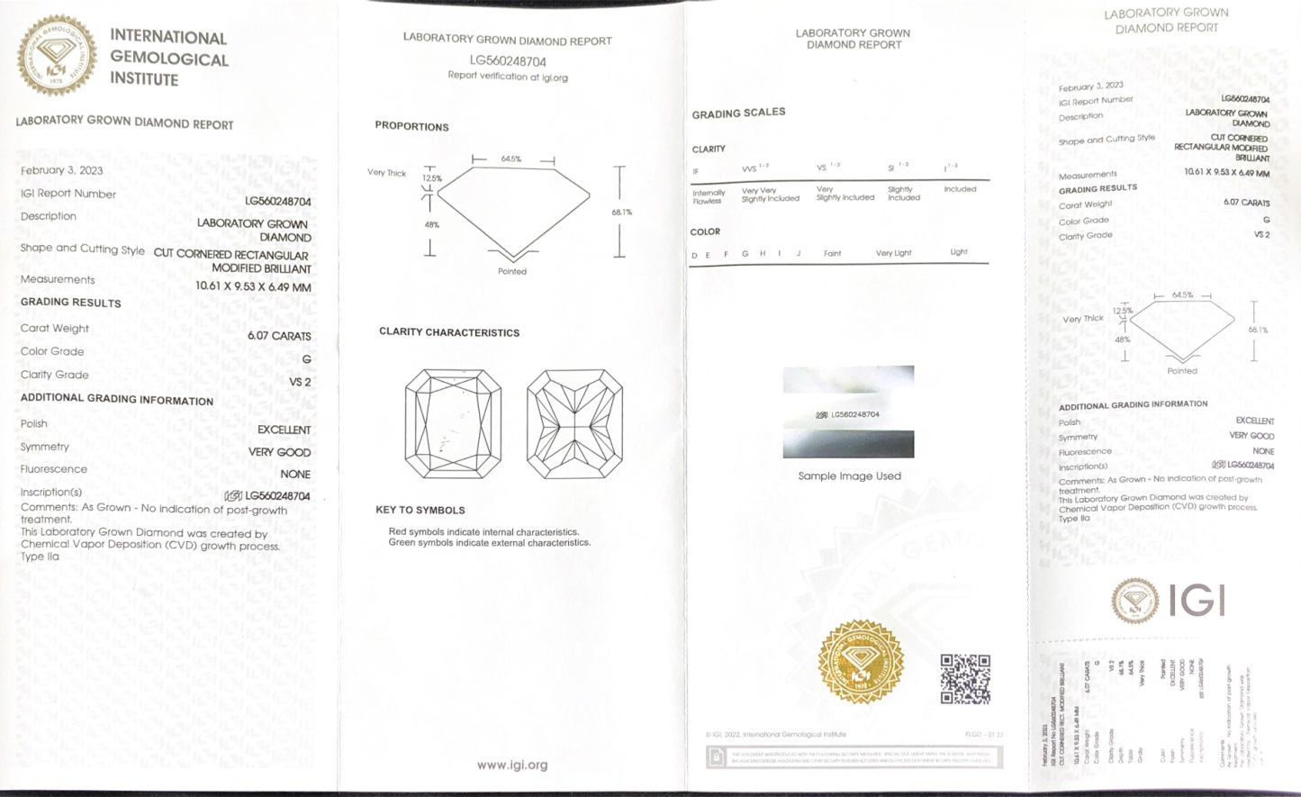 CVD LG560248704 Radiant Shape 6.07CT G VS2 EX VG Lab Grown Diamond