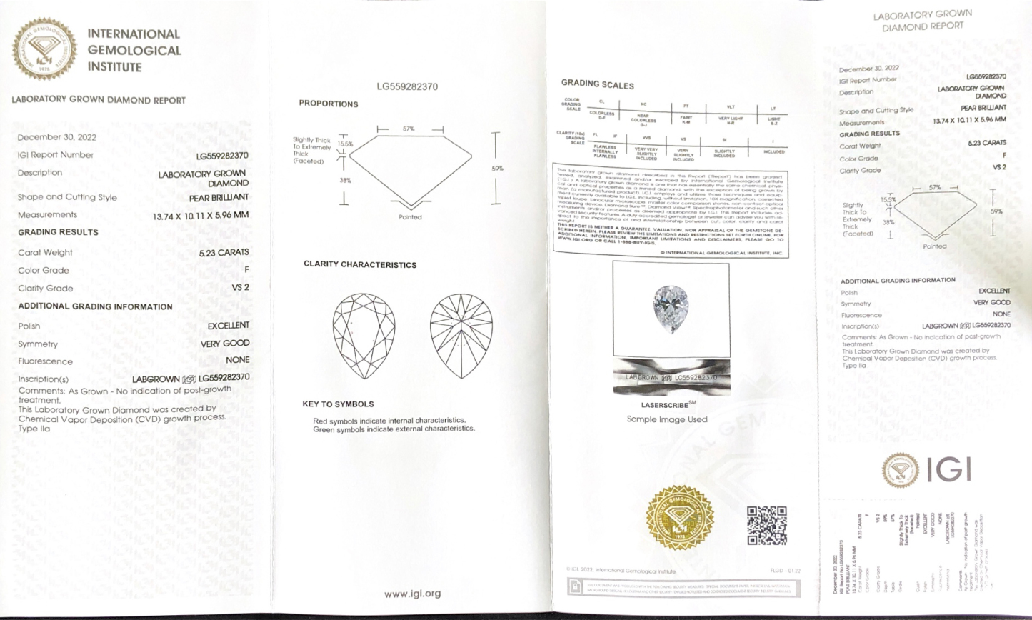 CVD LG559282370 Pear Shape 5.23CT F VS2 EX VG Lab Grown Diamond