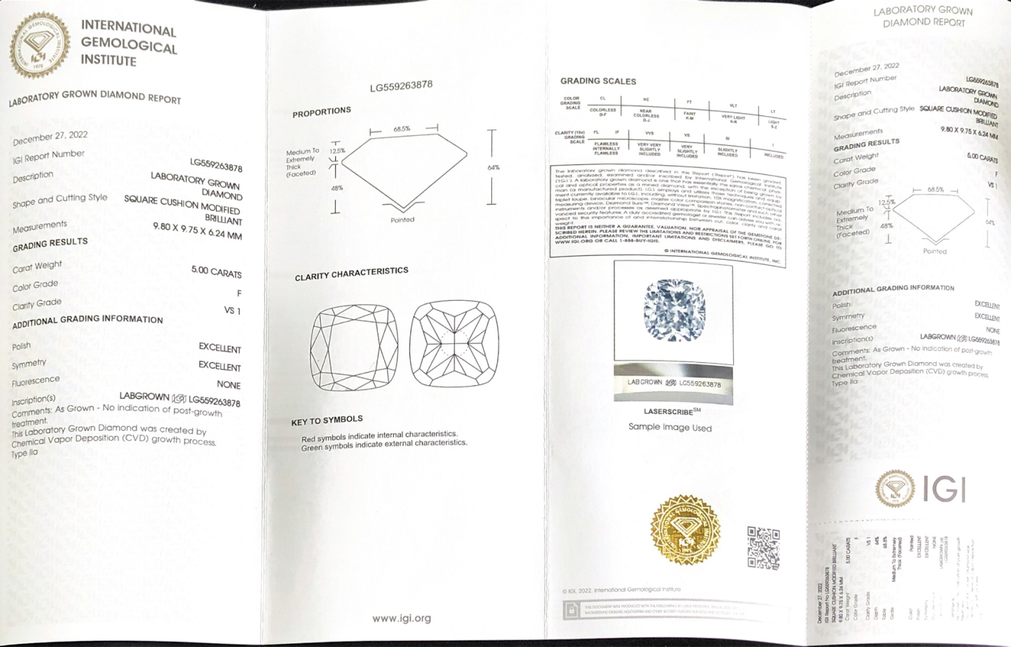 CVD LG559263878 Square Cushion Modified Brilliant 5.00CT F VS1 EX EX Lab Grown Diamond