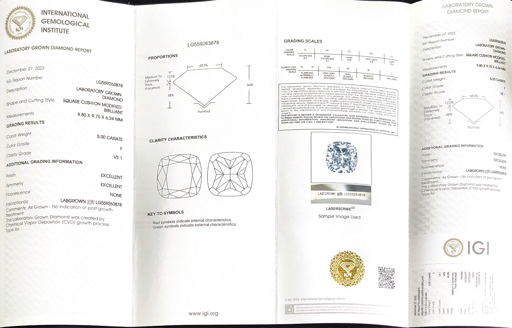 CVD LG559263878 Square Cushion Modified Brilliant 5.00CT F VS1 EX EX Lab Grown Diamond