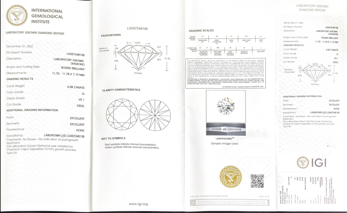 CVD LG557248108 Round Shape 6.08CT G VS1 EX EX Lab Grown Diamond