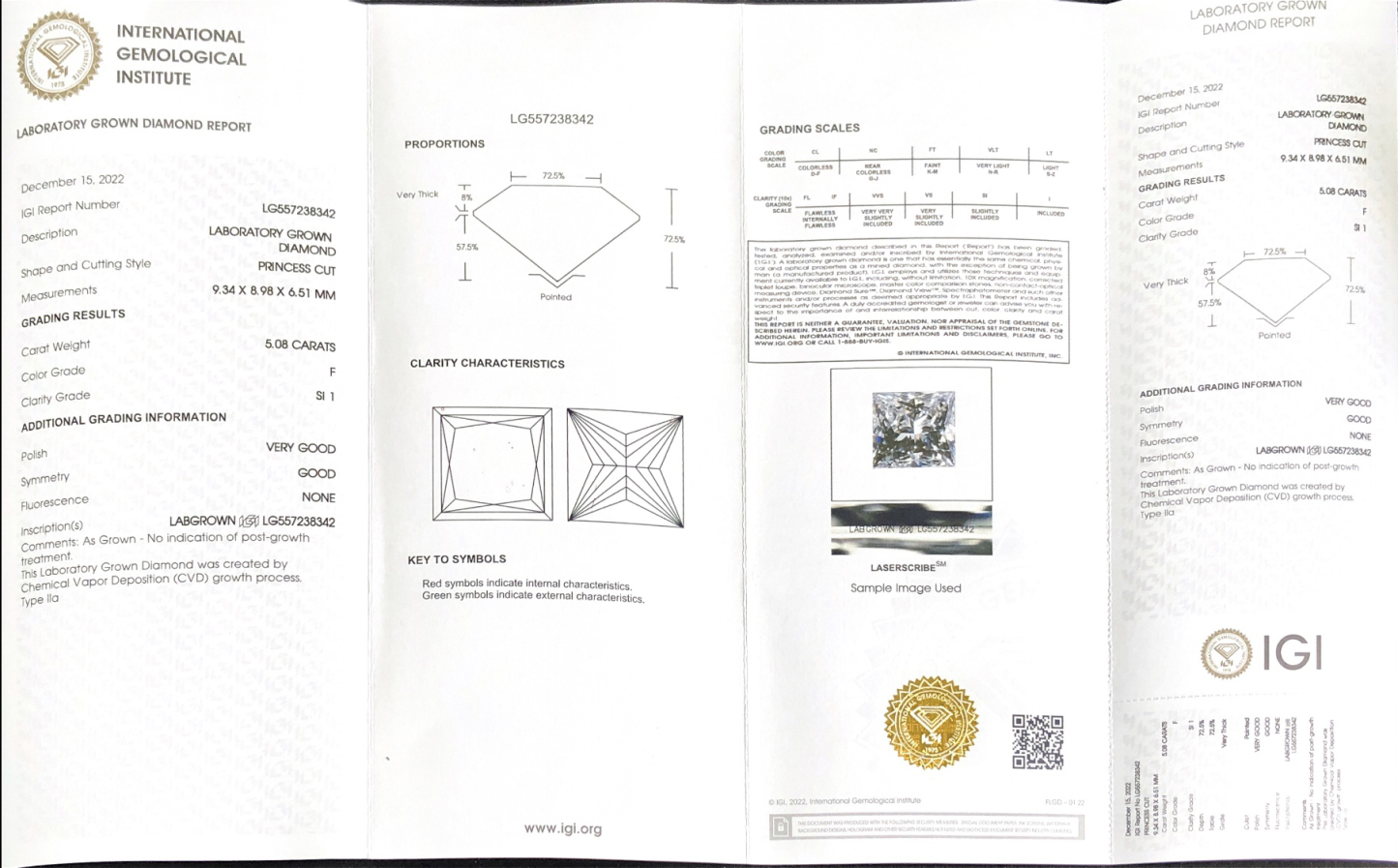 CVD LG557238342 Princess Square Shape 5.08CT F SI1 VG G Lab Grown Diamond