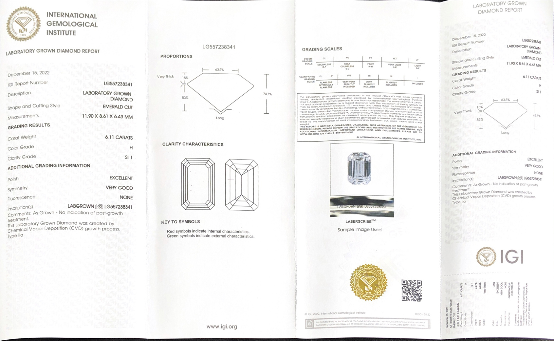 CVD LG557238341 Emerald Shape 6.11CT H SI1 EX VG Lab Grown Diamond