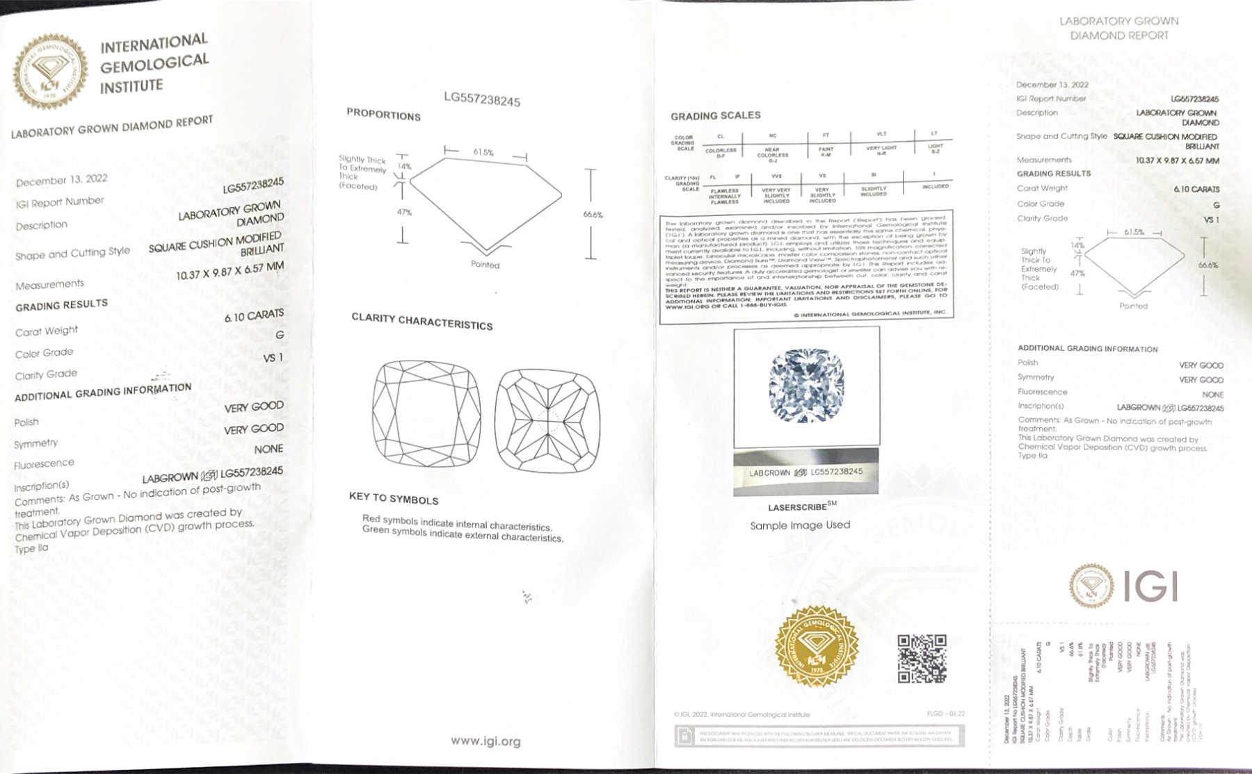 CVD LG557238245 Square Cushion Modified Brilliant 6.10CT G VS1 VG VG Lab Grown Diamond