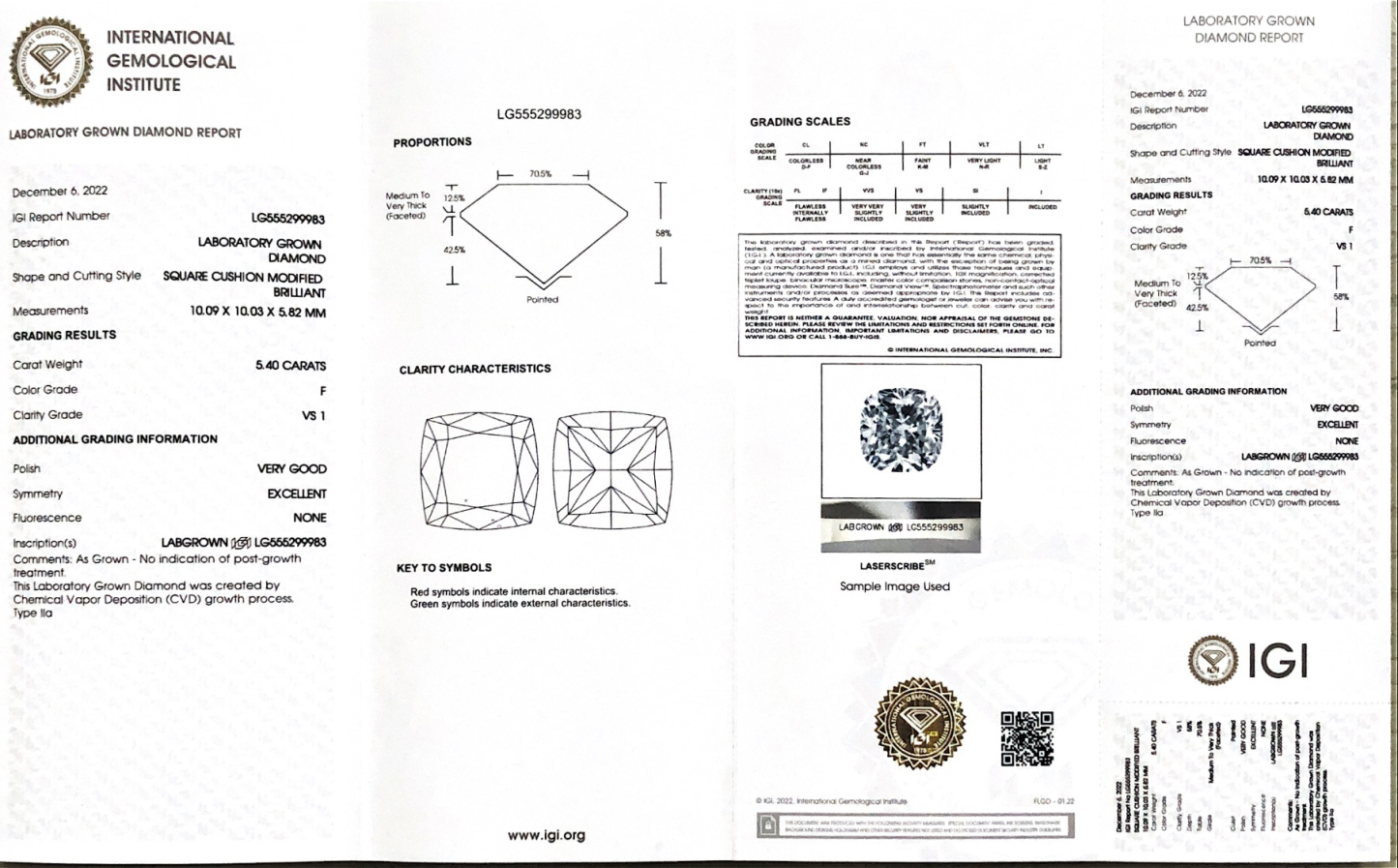 CVD LG555299983 Square Cushion Modified Brilliant 5.40CT F VS1 VG EX Lab Grown Diamond