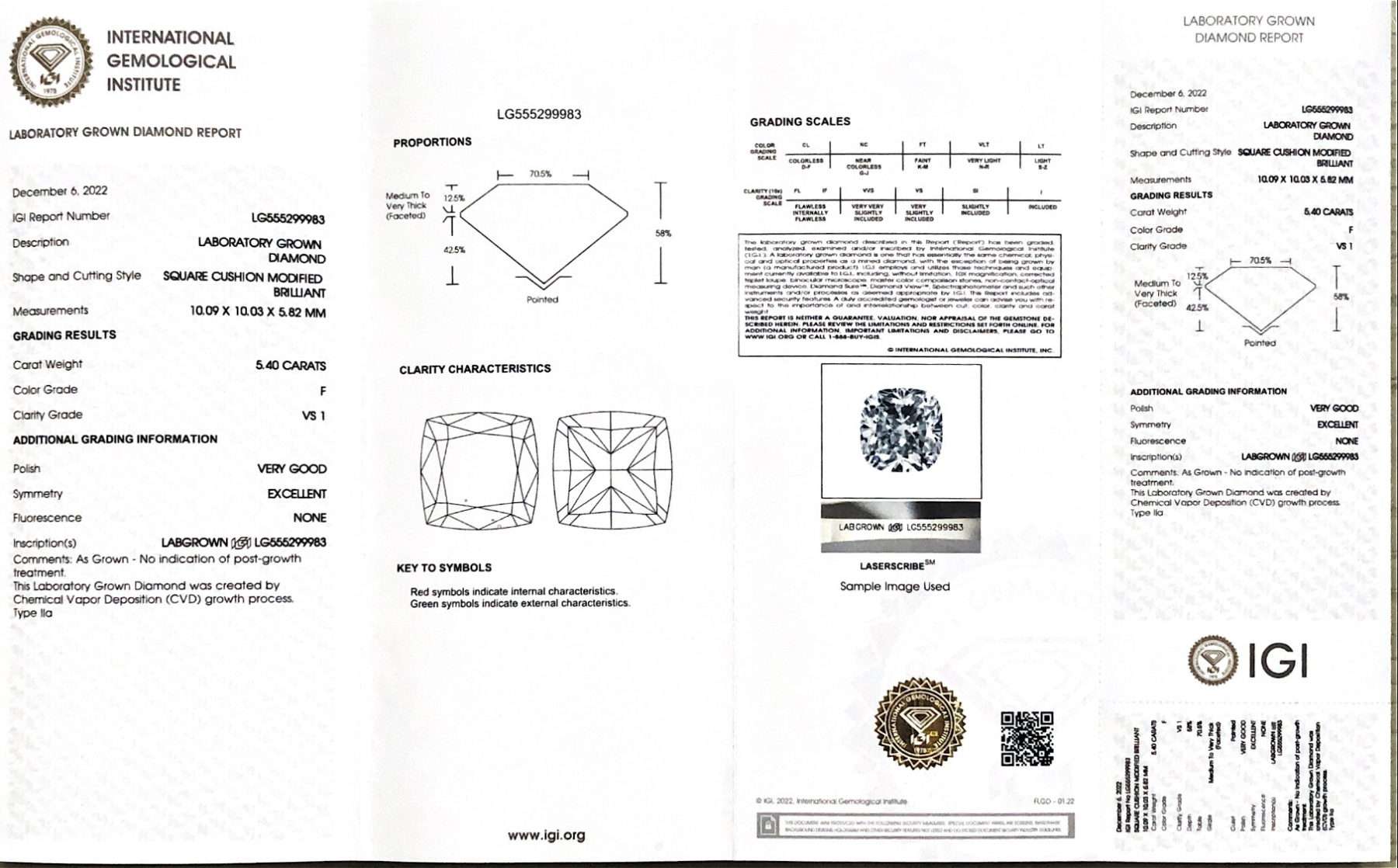 CVD LG555299983 Square Cushion Modified Brilliant 5.40CT F VS1 VG EX Lab Grown Diamond