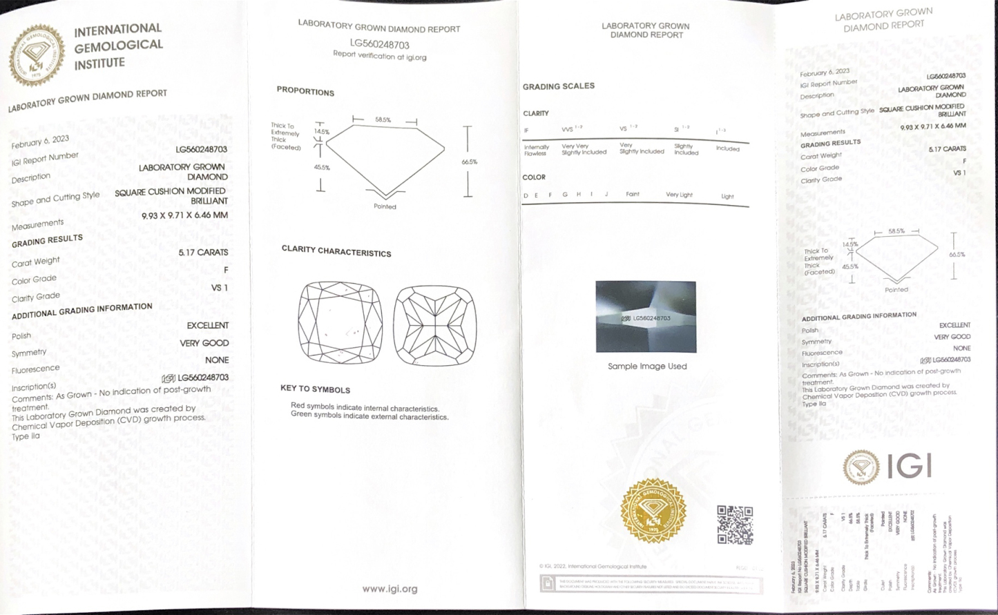CVD LG560248703 SQUARE CUSHION MODIFIED BRILLIANT 5.17CT F VS1 EX VG Lab Grown Diamond