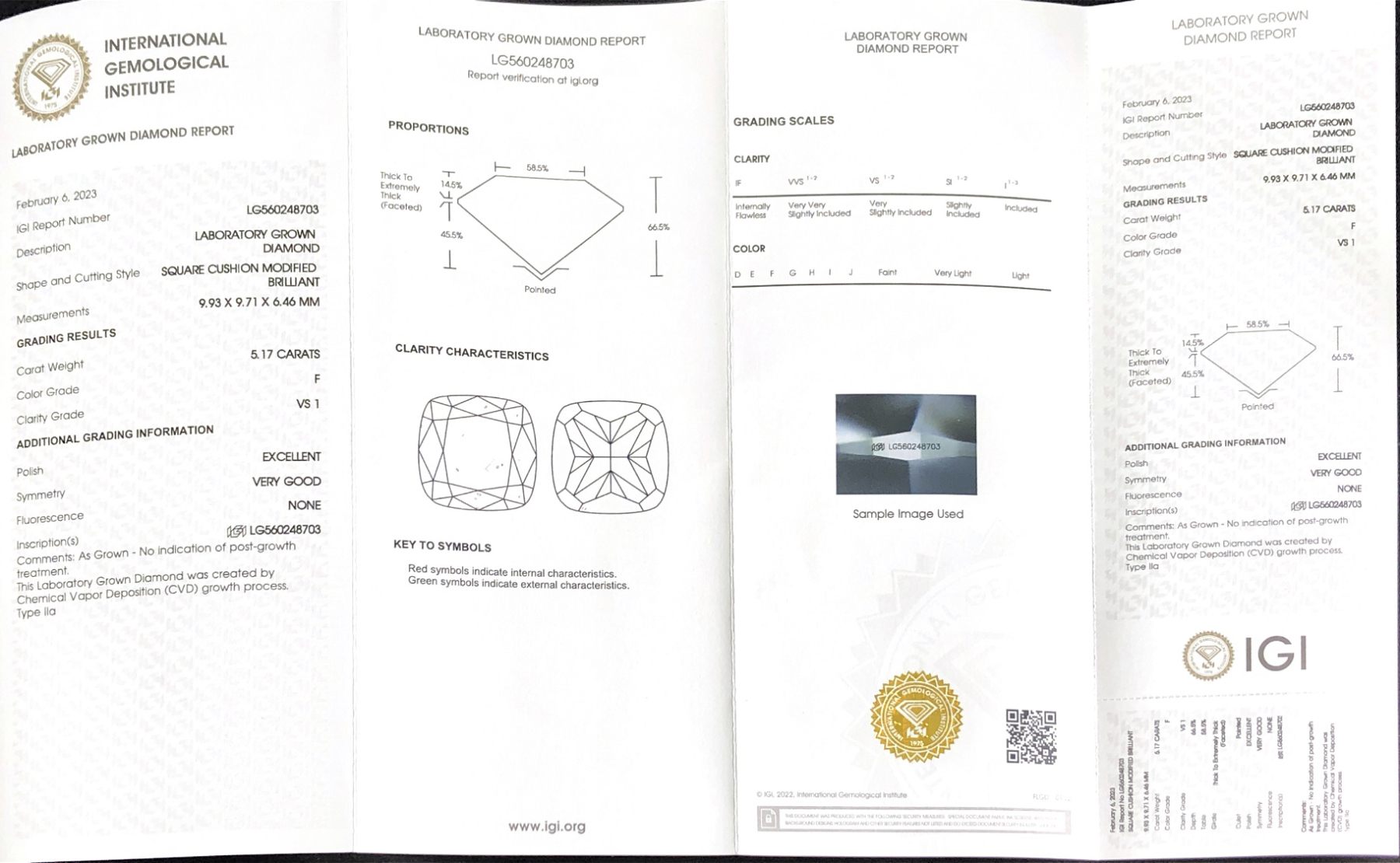 CVD LG560248703 SQUARE CUSHION MODIFIED BRILLIANT 5.17CT F VS1 EX VG Lab Grown Diamond