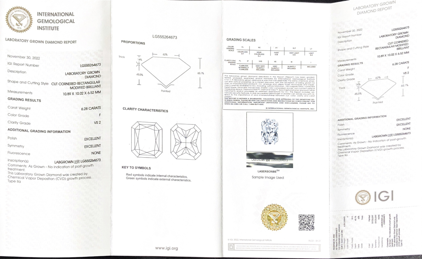 CVD LG555264673 Cut Cornered Rectangular Modified Brilliant 6.28CT F VS2 EX EX Lab Grown Diamond