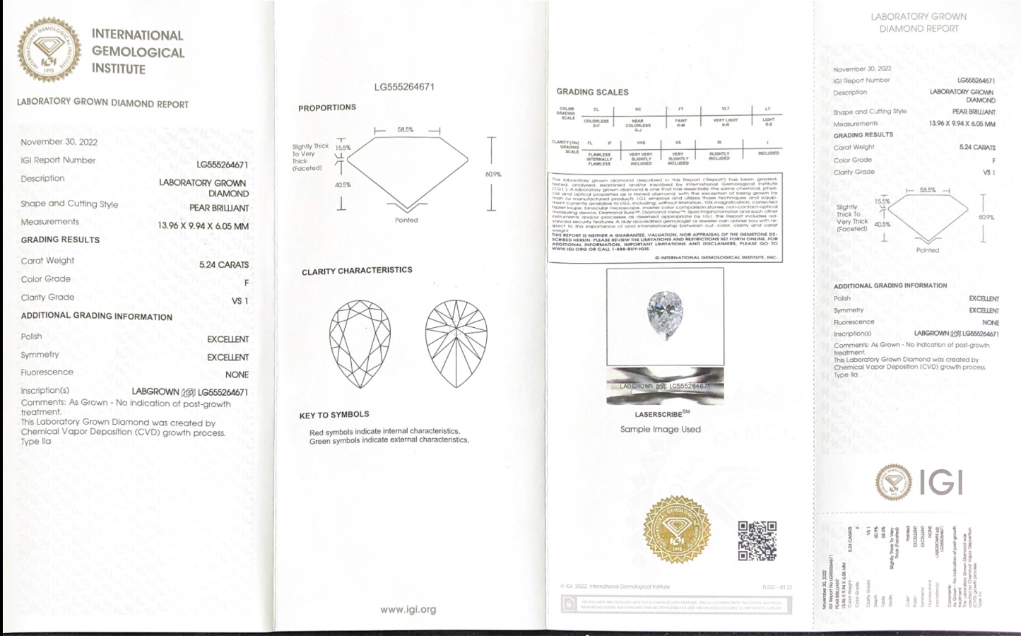 CVD LG555264671 Pear Shape 5.24CT F VS1 EX EX Lab Grown Diamond